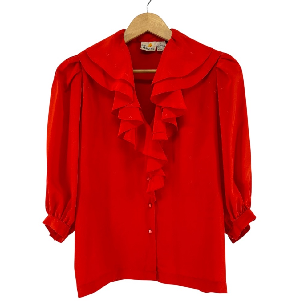 Liz Claiborne 80s VTG Ruffle Blouse with 3/4 Length Bishop Sleeves